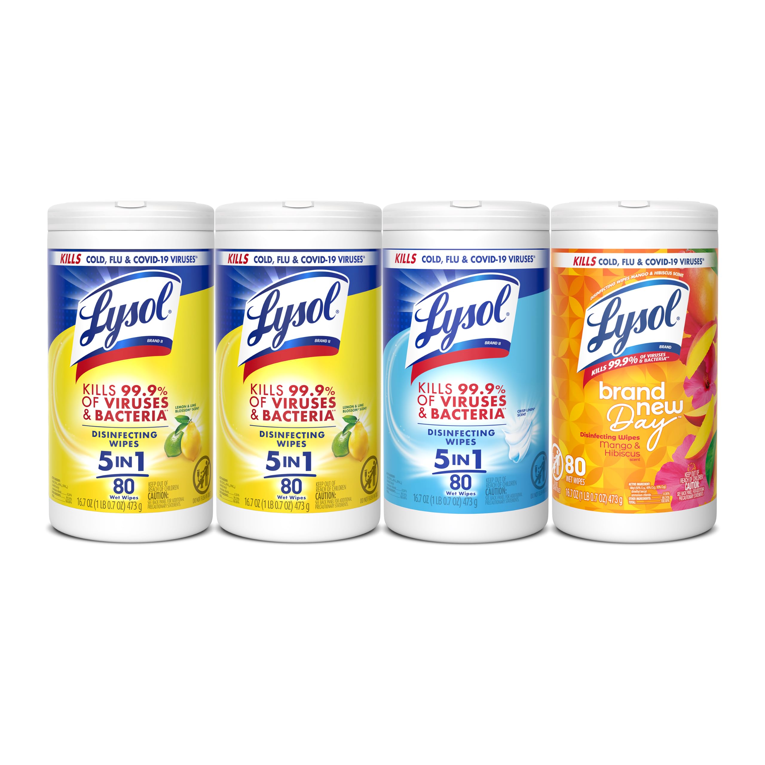 Four canisters of Lysol Disinfecting Wipes Lemon Mango Linen, 80 count each