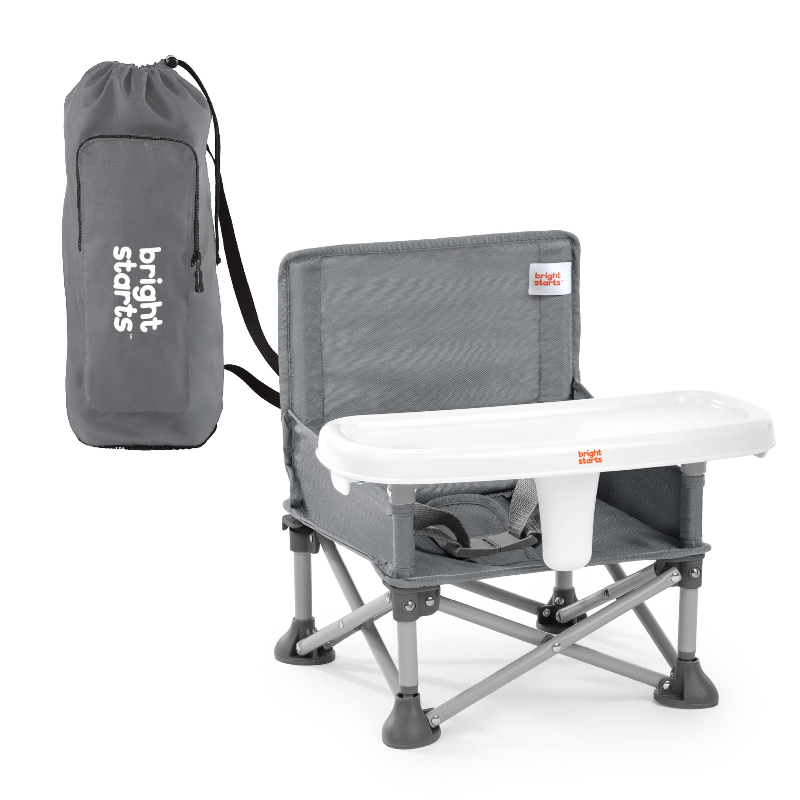 Grey Bright Starts Pop 'N Sit portable booster seat with removable feeding tray