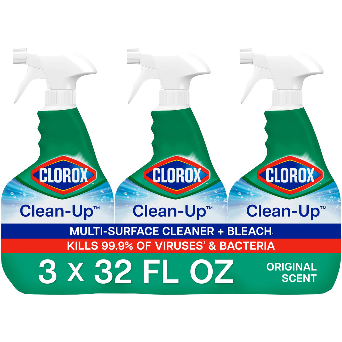 Three 32 fl oz bottles of Clorox Clean-Up Multi-Surface Cleaner with bleach