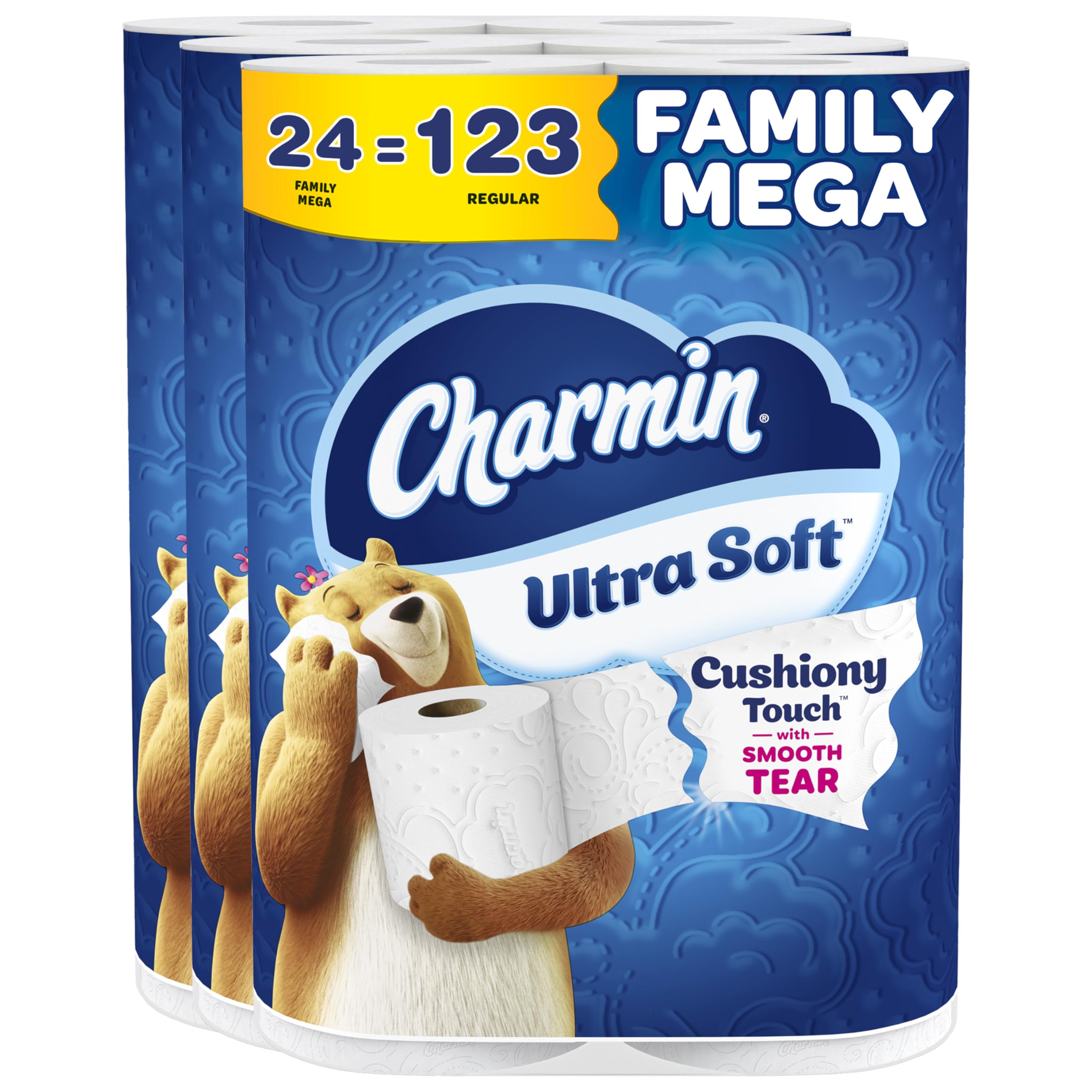 Charmin Ultra Soft toilet paper 24 Family Mega pack (123 rolls) in white packaging