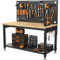 CAMMOO 48x24 inch garage workbench with pegboard, lower storage shelf, integrated power strip