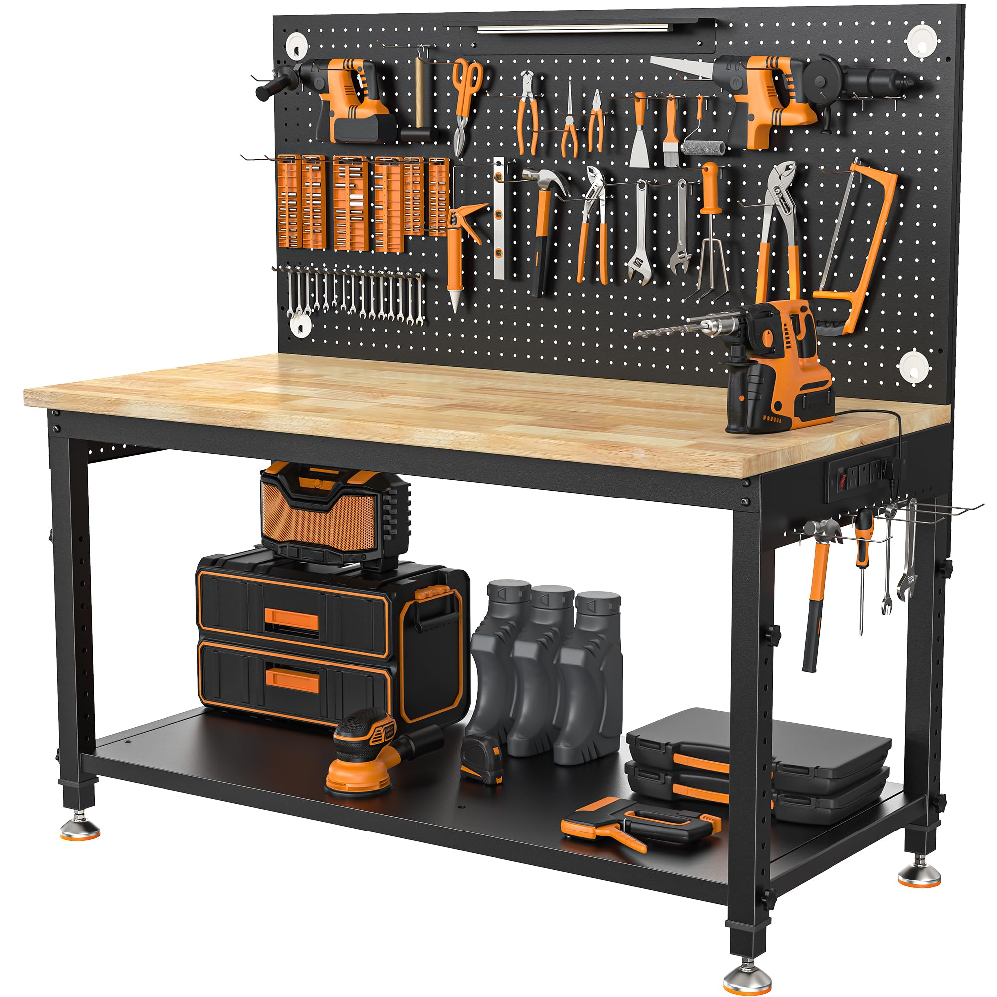 CAMMOO 48x24 inch garage workbench with pegboard, lower storage shelf, integrated power strip