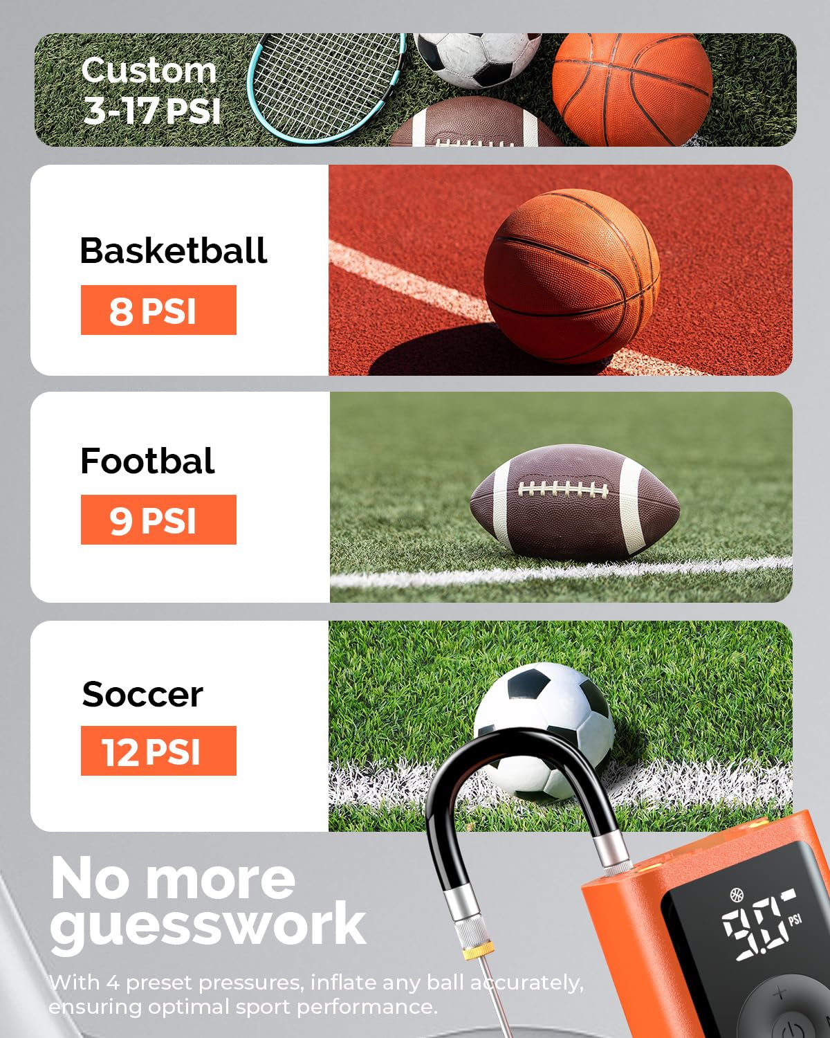 ETENWOLF P300 Plus Ball Pump, Electric Basketball Pump Inflation and Deflation, with 3200 mAh Rechargeable Battery, Air Pump for All Sports Balls, Vivid Orange image 4