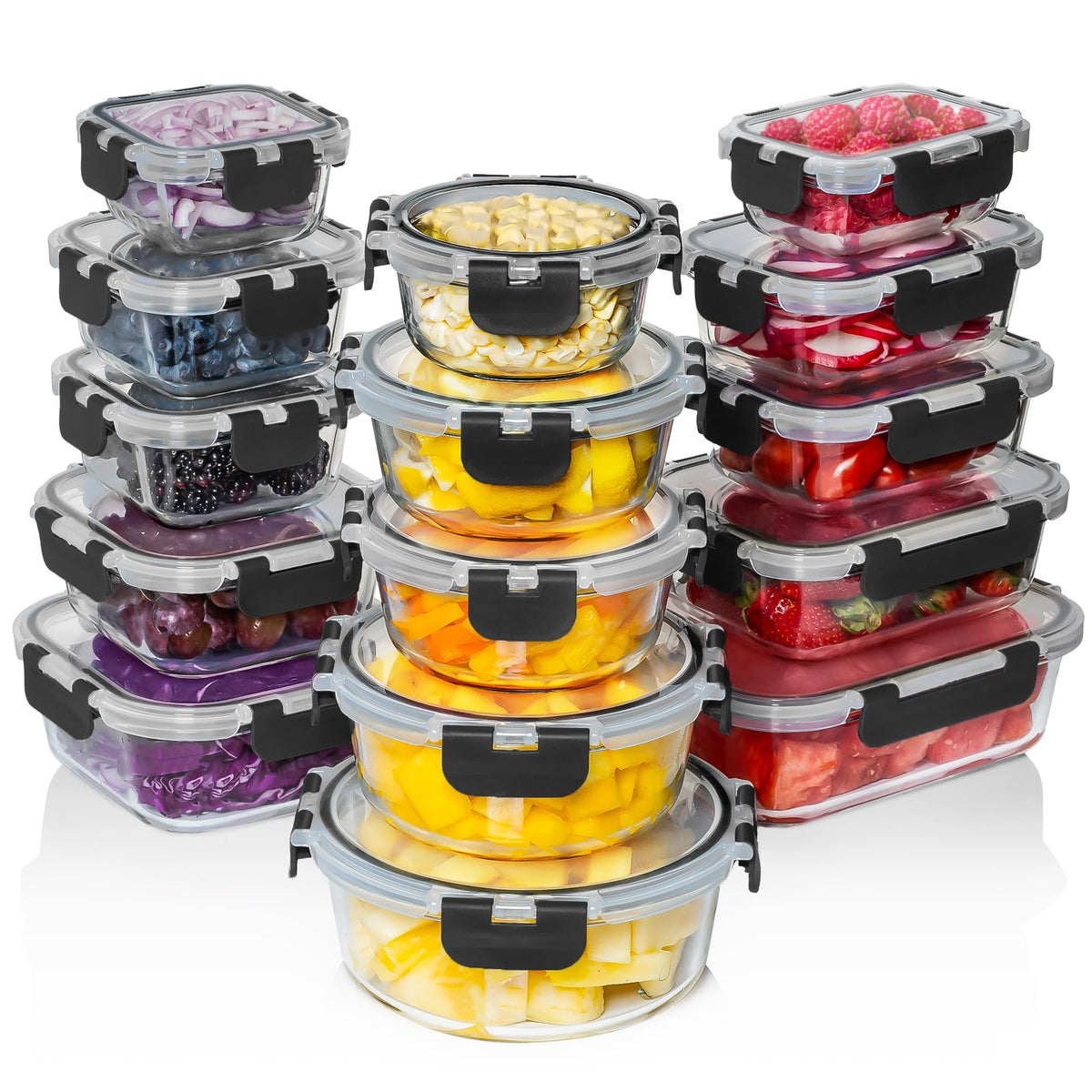 Razab 30-piece glass meal prep containers with clear snap-lock lids arranged on a counter
