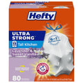 Box of Hefty 13 gallon Ultra Strong kitchen trash bags, white, lavender vanilla scent, 80 count