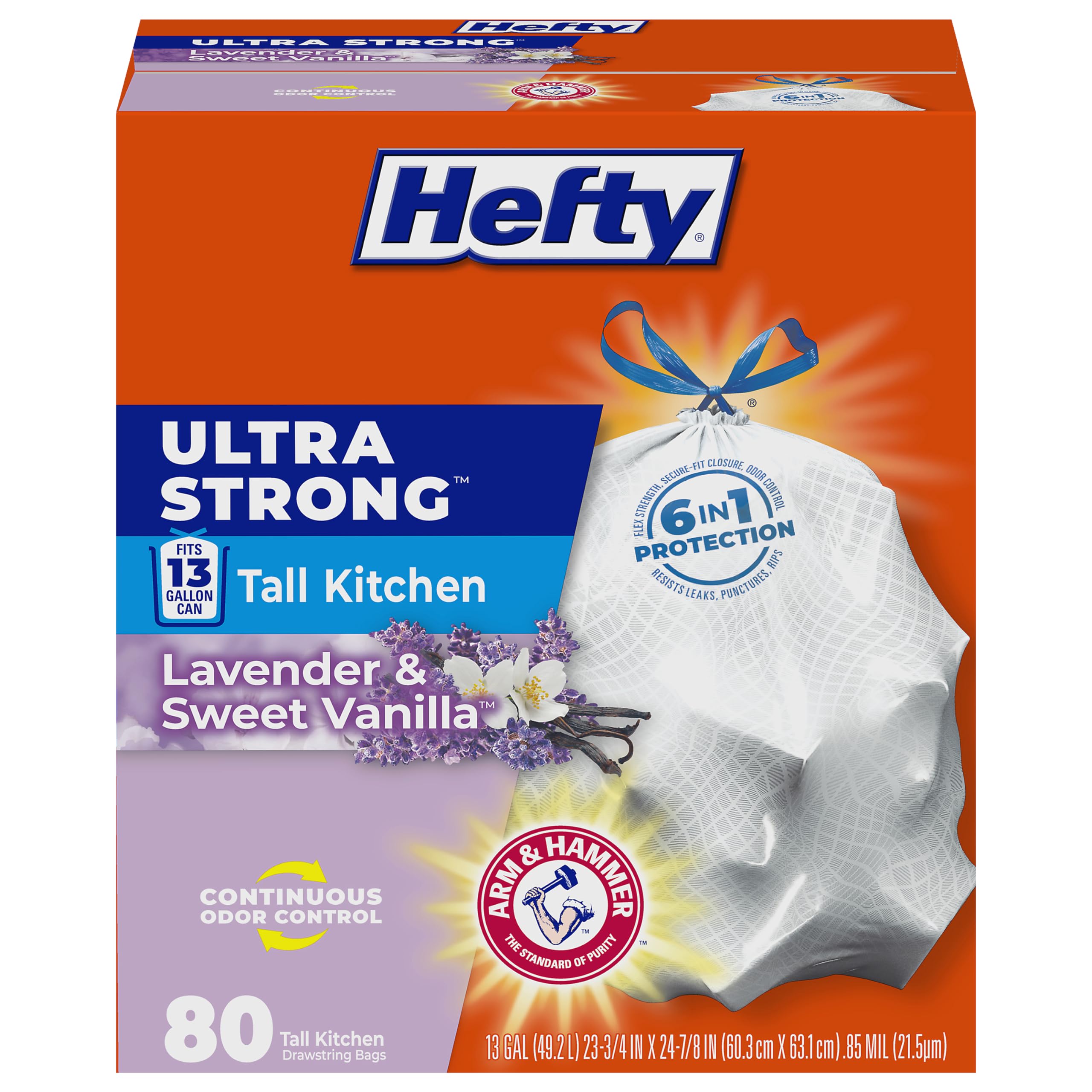 Box of Hefty 13 gallon Ultra Strong kitchen trash bags, white, lavender vanilla scent, 80 count