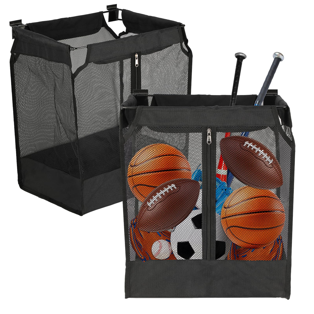 Kokone mesh slatwall storage baskets mounted on slatwall holding sports balls