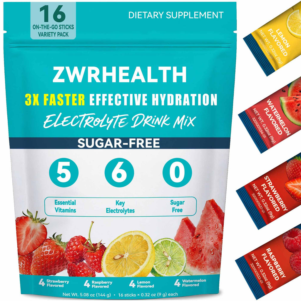 Zwrhealth Electrolytes Powder Packets, Sugar Free Hydration Packets, 4 Flavors Liquid Daily IV Electrolyte Drink Mix, Instantly Hydrating & Party Recovery with 6 Electrolytes & 5 Vitamins, 16 Servings