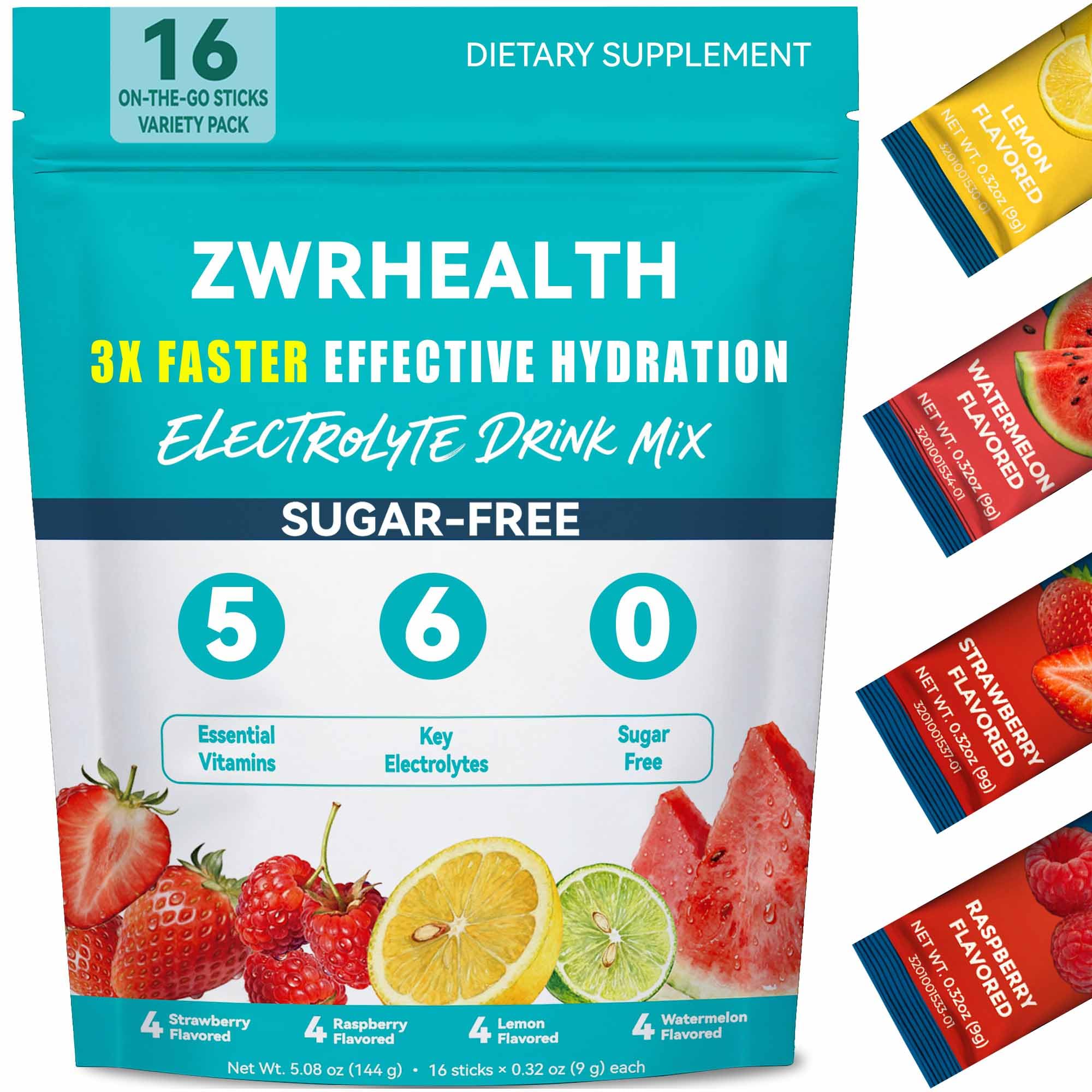 Zwrhealth Electrolytes Powder Packets, Sugar Free Hydration Packets, 4 Flavors Liquid Daily IV Electrolyte Drink Mix, Instantly Hydrating & Party Recovery with 6 Electrolytes & 5 Vitamins, 16 Servings