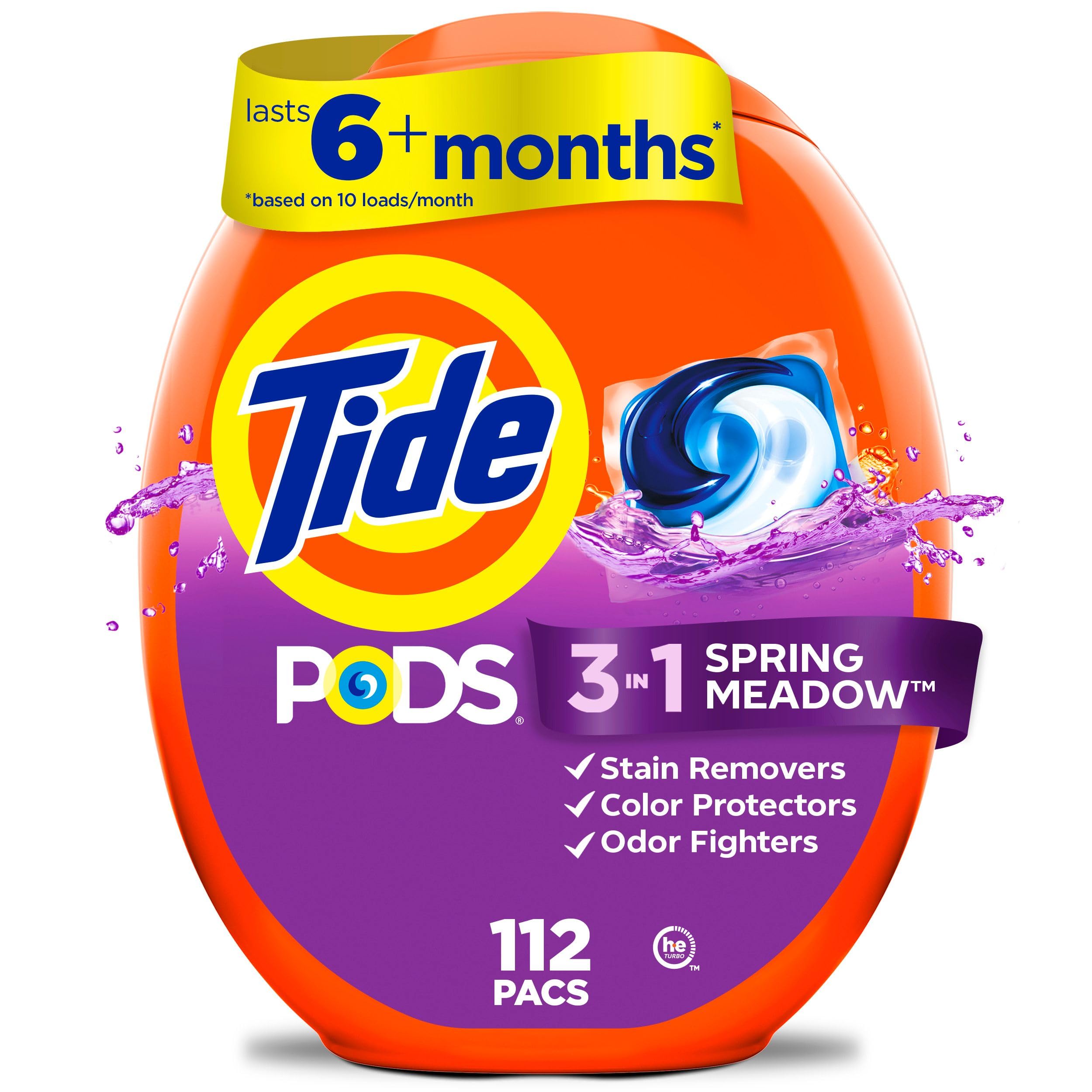 Box of Tide PODS 3-in-1 laundry detergent pacs Spring Meadow scent, 112 count