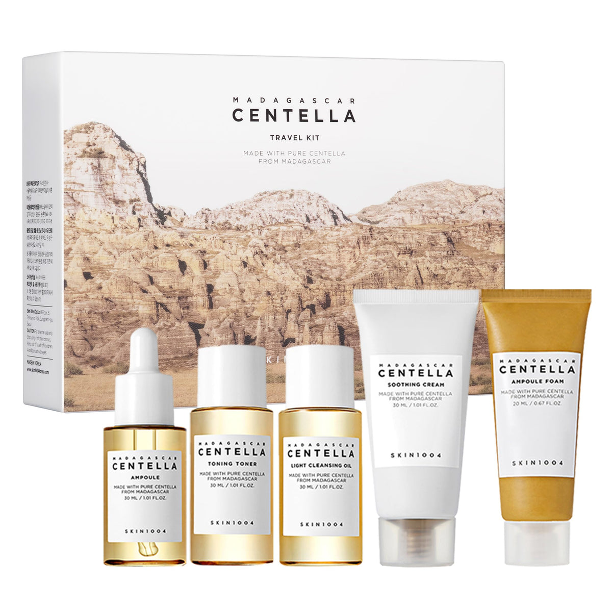 Five SKIN1004 Centella travel-size skincare bottles, tubes on white background