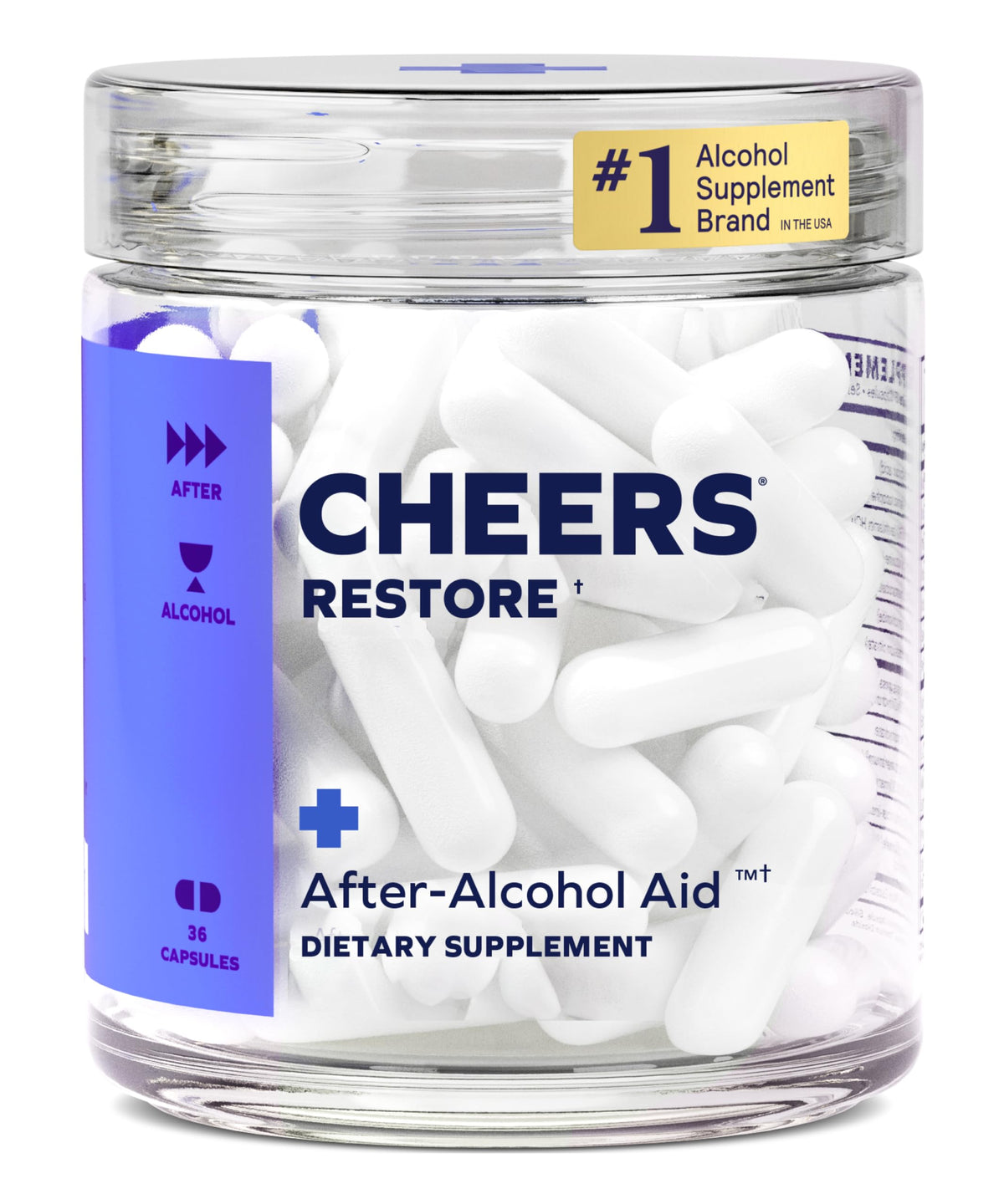 Box of Cheers Restore 12-dose alcohol support supplement showing DHM, L-Cysteine and Milk Thistle on the label