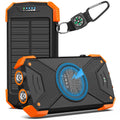 BLAVOR 10000mAh solar power bank showing solar panel, USB-C port, wireless charging pad and dual flashlight