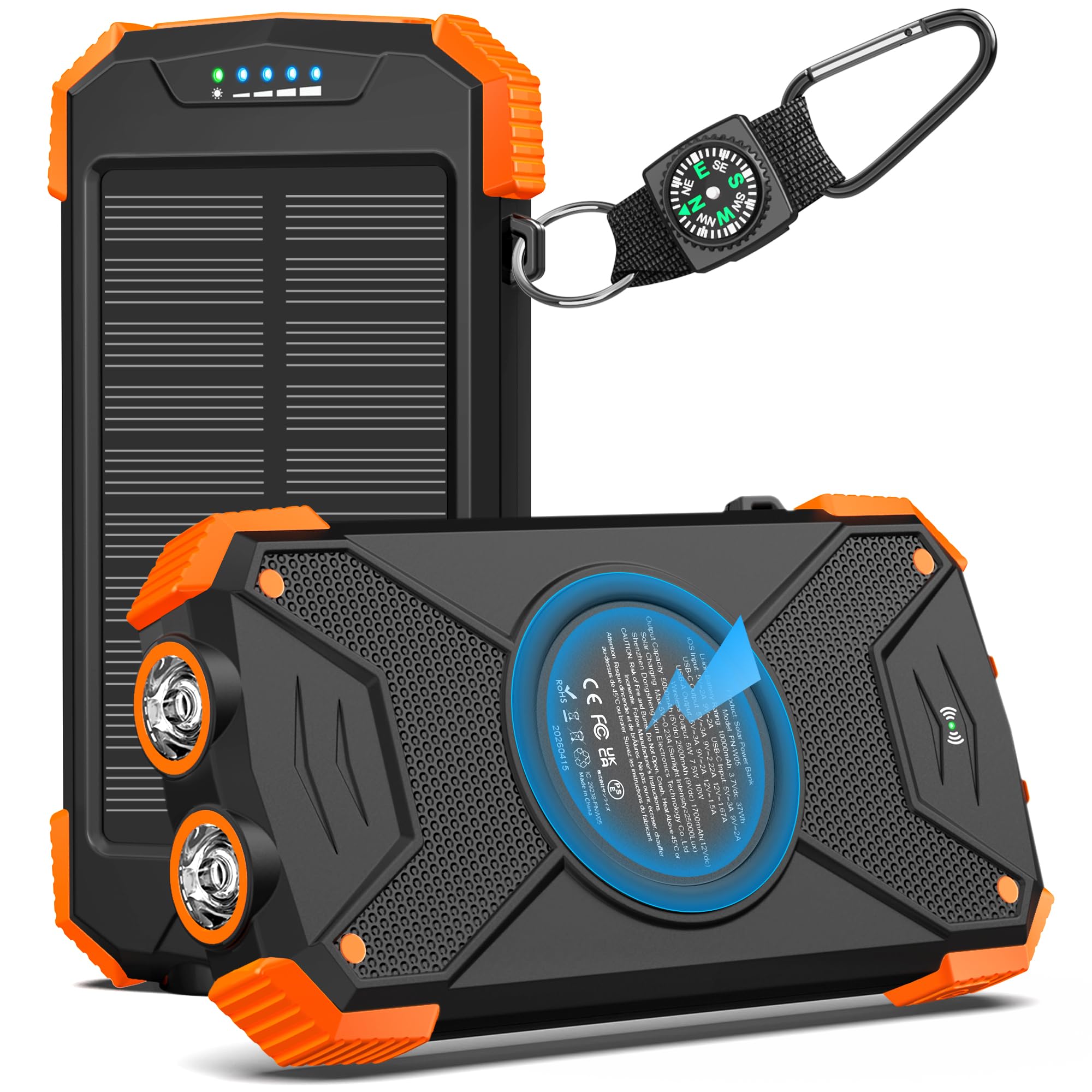 BLAVOR 10000mAh solar power bank showing solar panel, USB-C port, wireless charging pad and dual flashlight