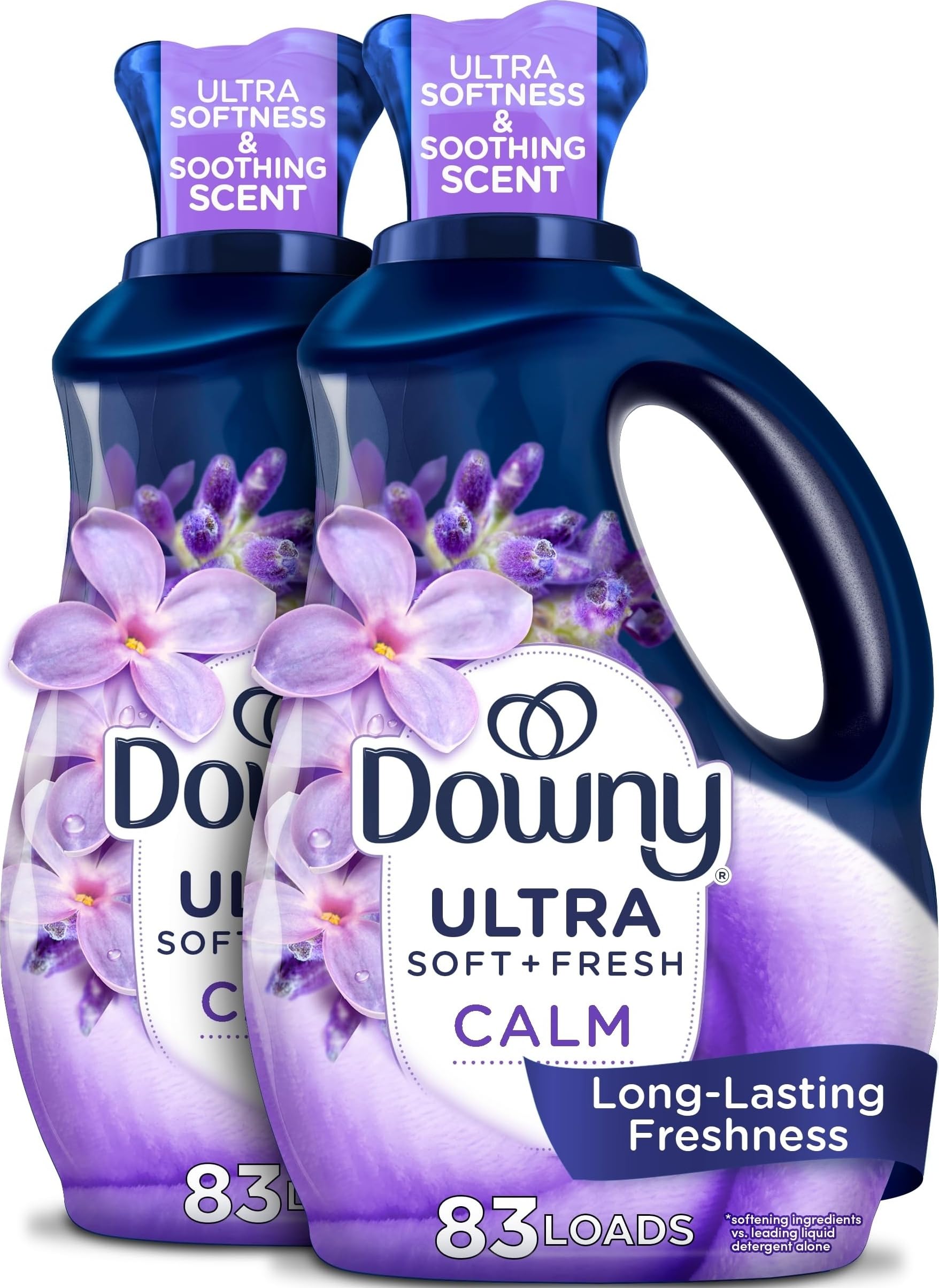 Two 56 fl oz bottles of Downy Infusions Calm Lavender and Vanilla Bean liquid fabric softener