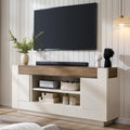 OKD antique white thick block TV stand with large flat-screen TV and media components