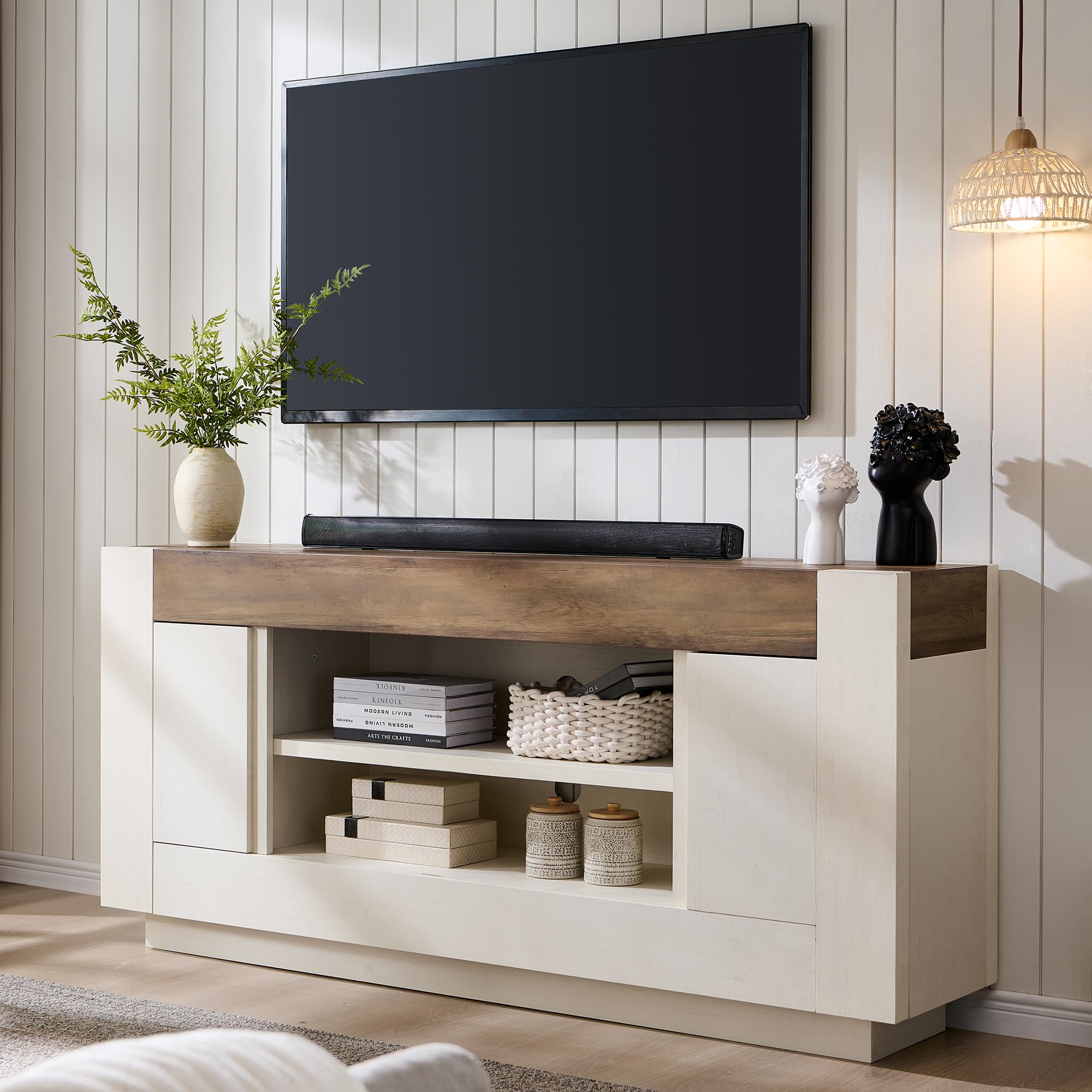OKD antique white thick block TV stand with large flat-screen TV and media components