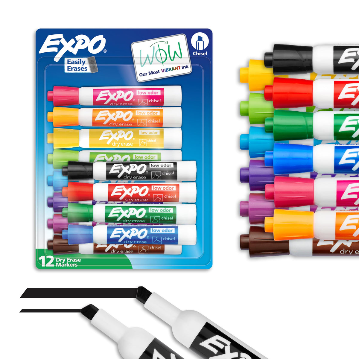 Pack of 12 EXPO low-odor dry erase markers in assorted colors with chisel tips