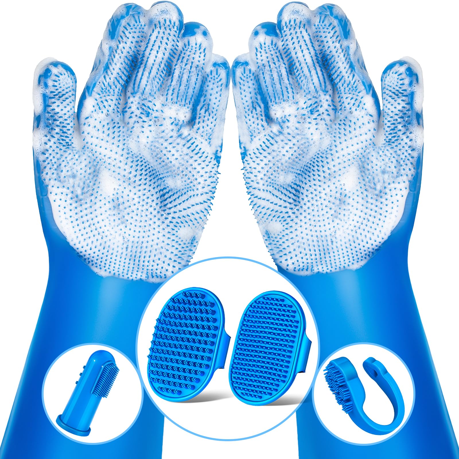 Augwind navy blue 6-piece dog grooming and bath gloves with brushes
