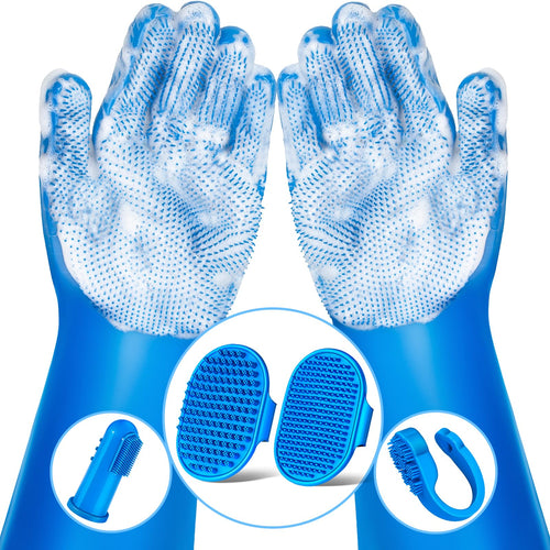 Augwind navy blue 6-piece dog grooming and bath gloves with brushes