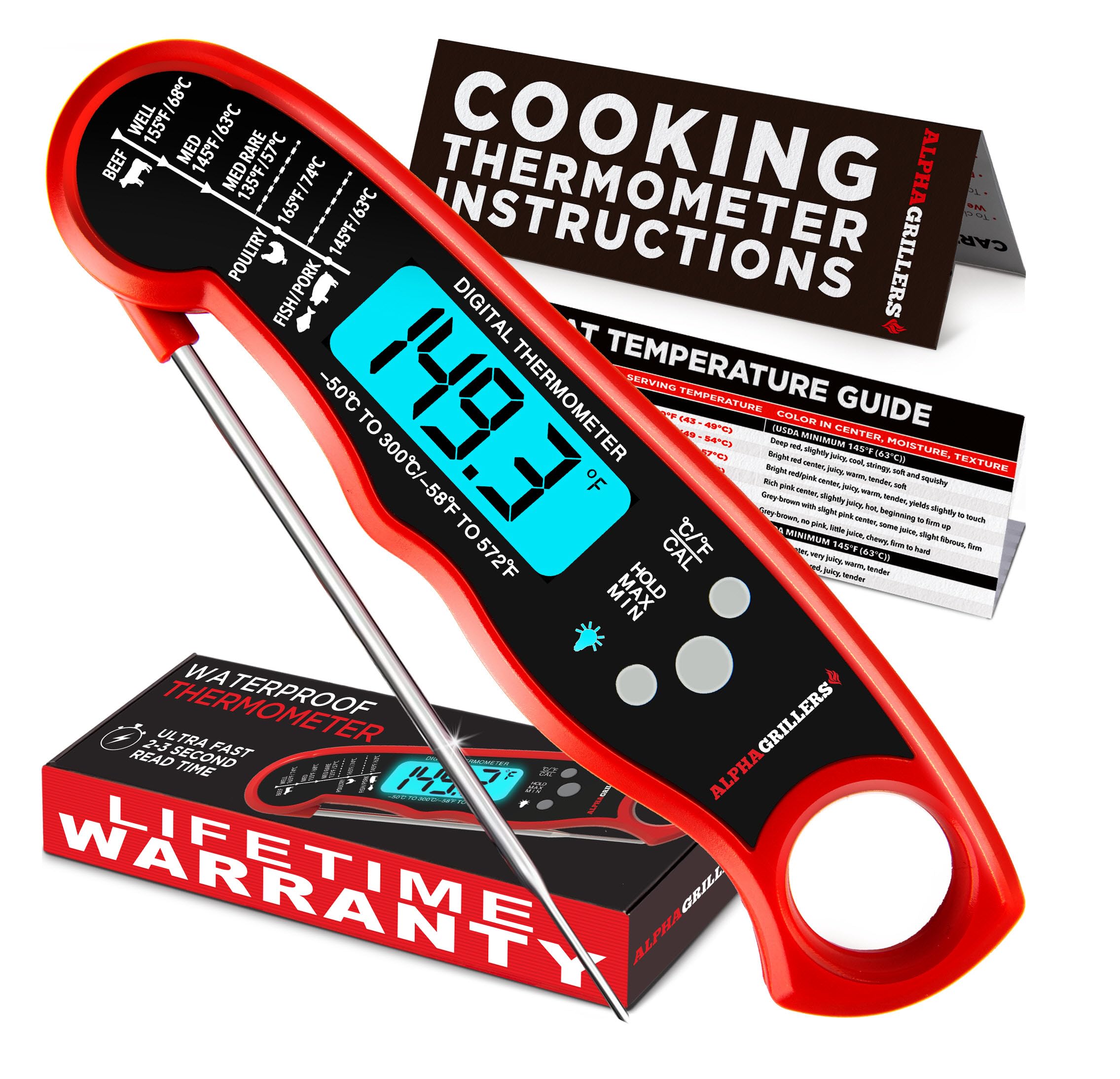 Alpha Grillers digital instant-read meat thermometer with probe and LCD display