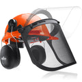 NoCry chainsaw helmet, clear visor, mesh face shield, attached ear muffs