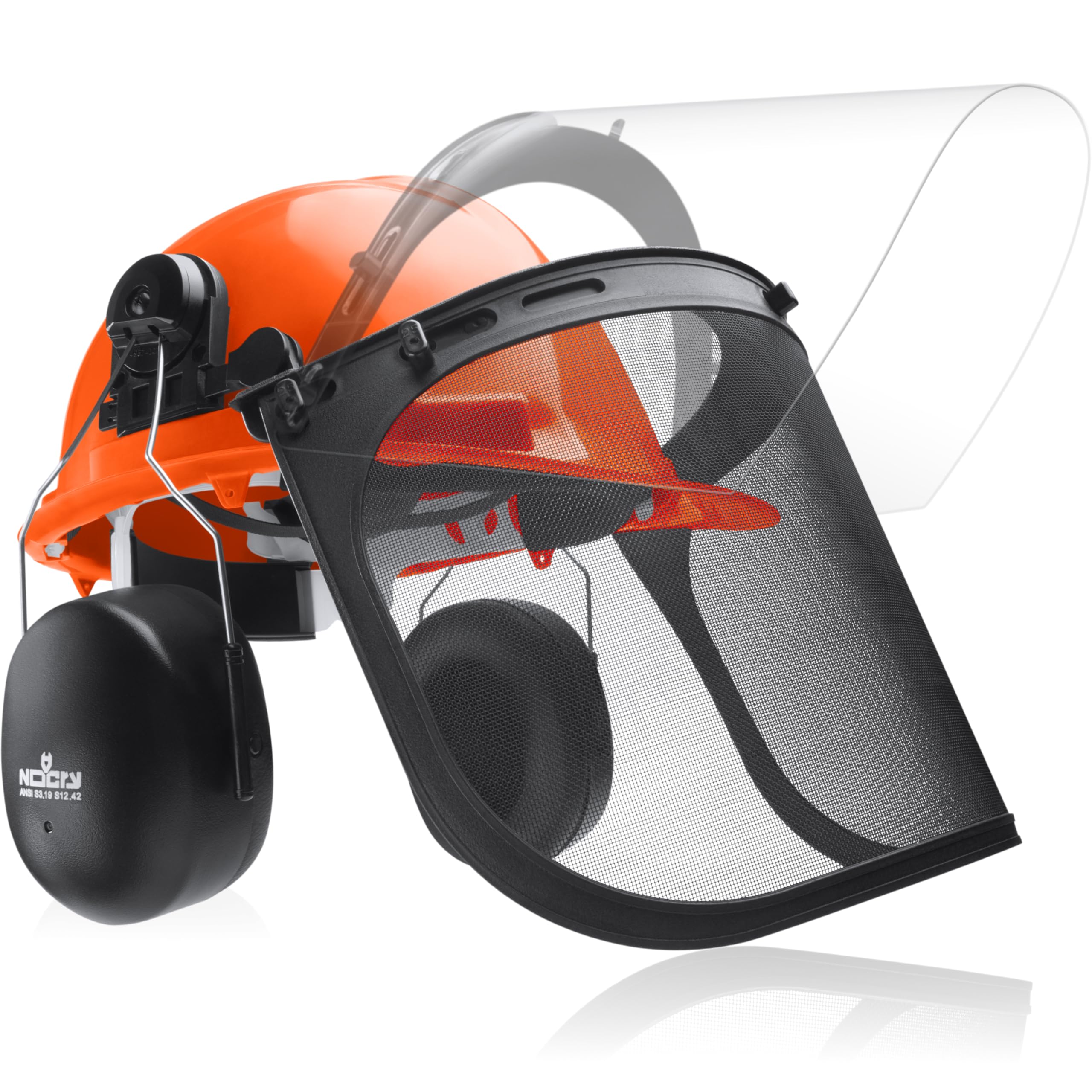 NoCry chainsaw helmet, clear visor, mesh face shield, attached ear muffs