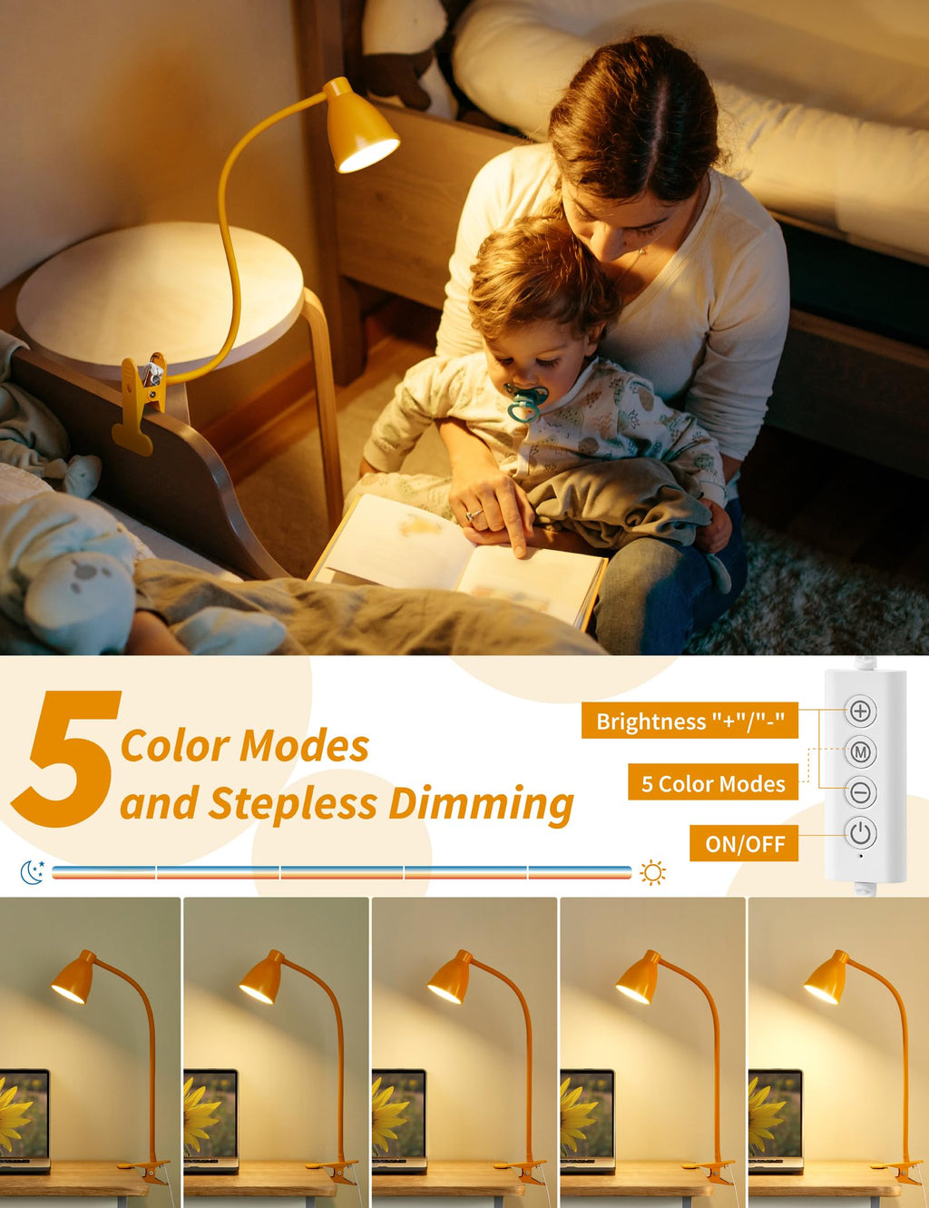 BOHON Clip on Light, Desk Lamp with Clamp, 5 Color 10 Brightness Yellow image 3
