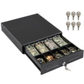 Black Volcora 13-inch electronic cash drawer, removable coin compartment, bill till visible