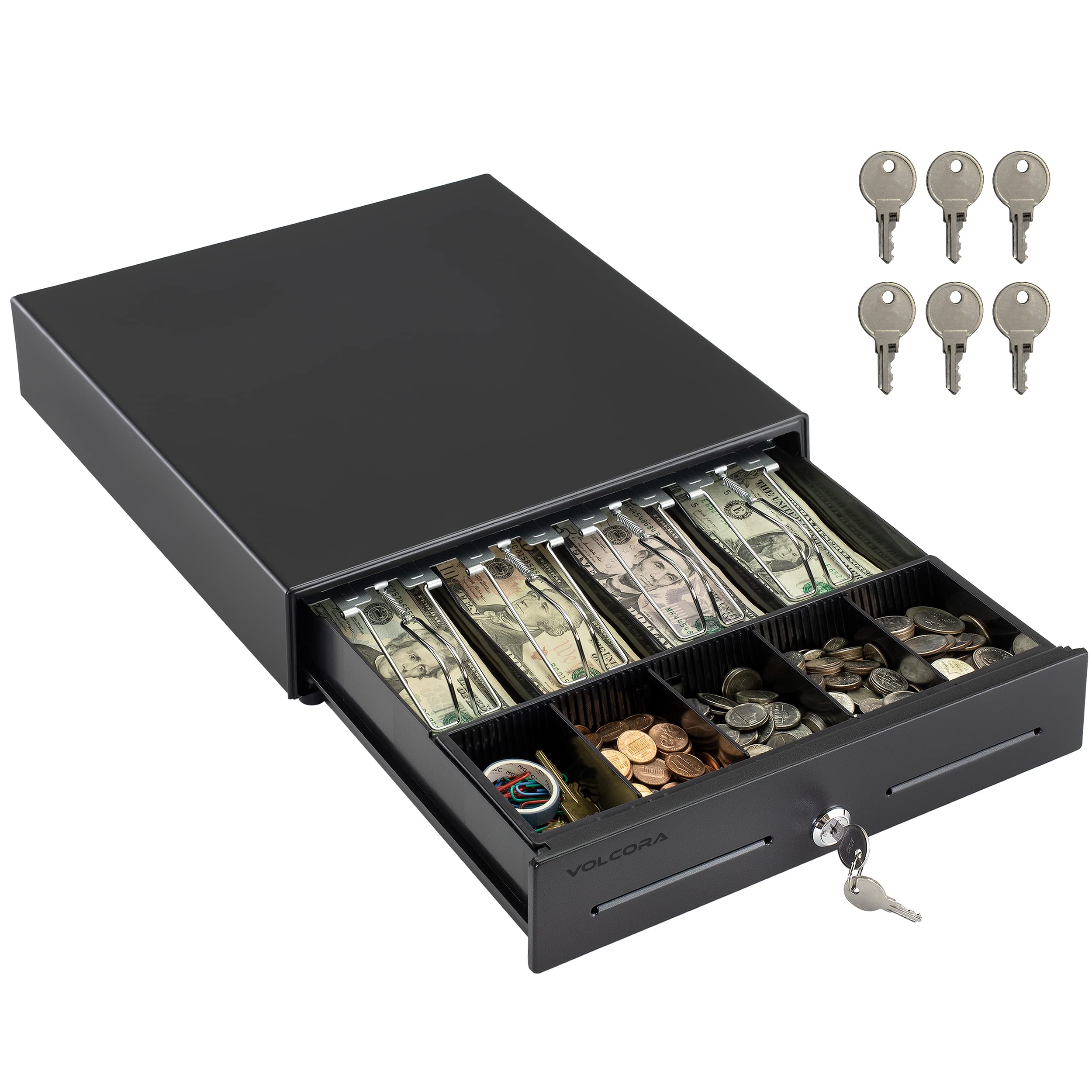 Black Volcora 13-inch electronic cash drawer, removable coin compartment, bill till visible