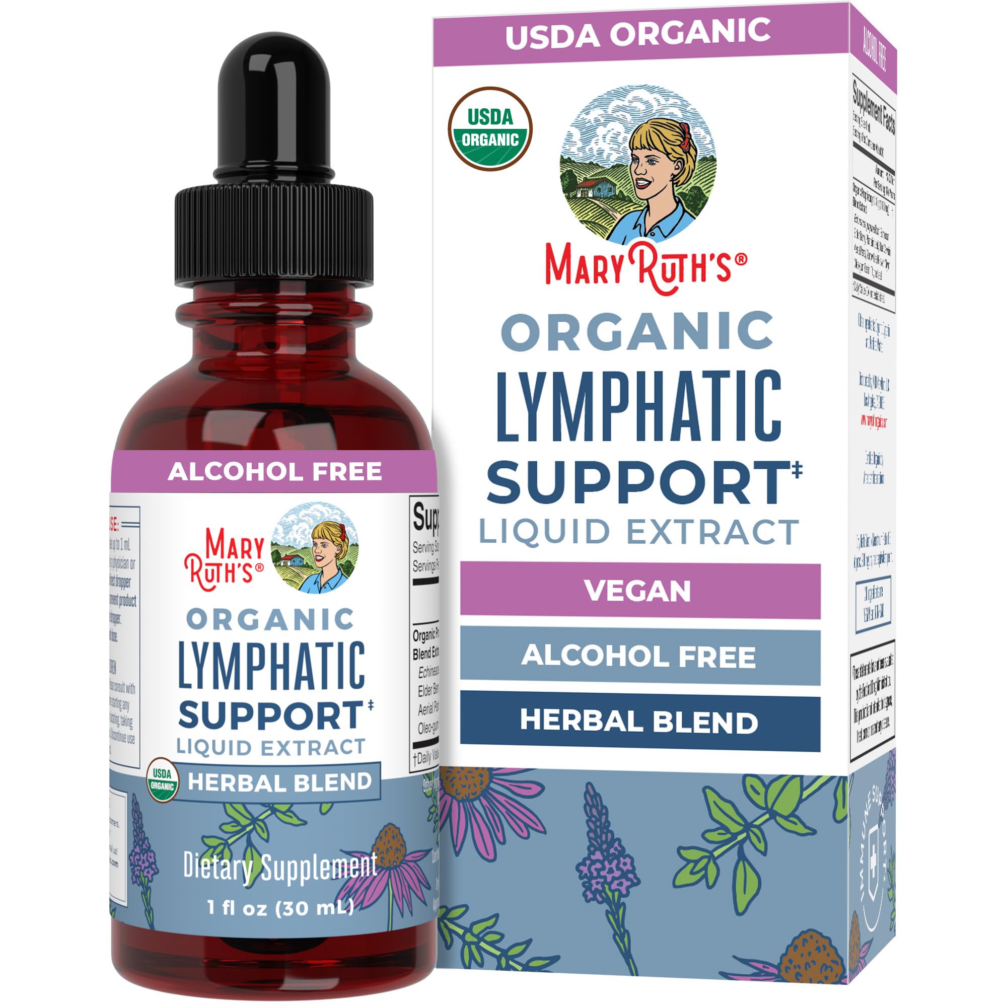 MARYRUTH'S organic lymphatic support liquid drops bottle with dropper and label