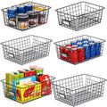 Six metal wire pantry baskets in sizes 2 XXL, 2 XL, 2 L displayed on shelf