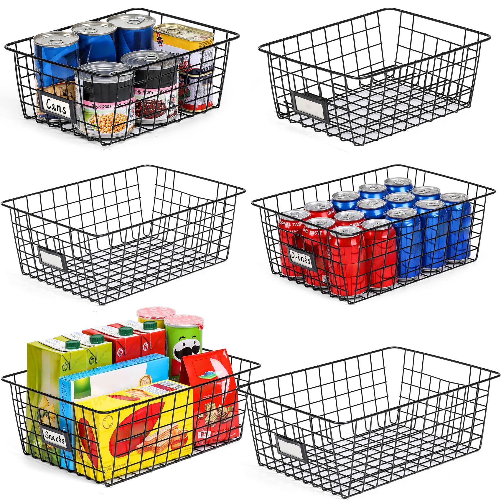 Six metal wire pantry baskets in sizes 2 XXL, 2 XL, 2 L displayed on shelf