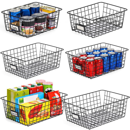 Six metal wire pantry baskets in sizes 2 XXL, 2 XL, 2 L displayed on shelf