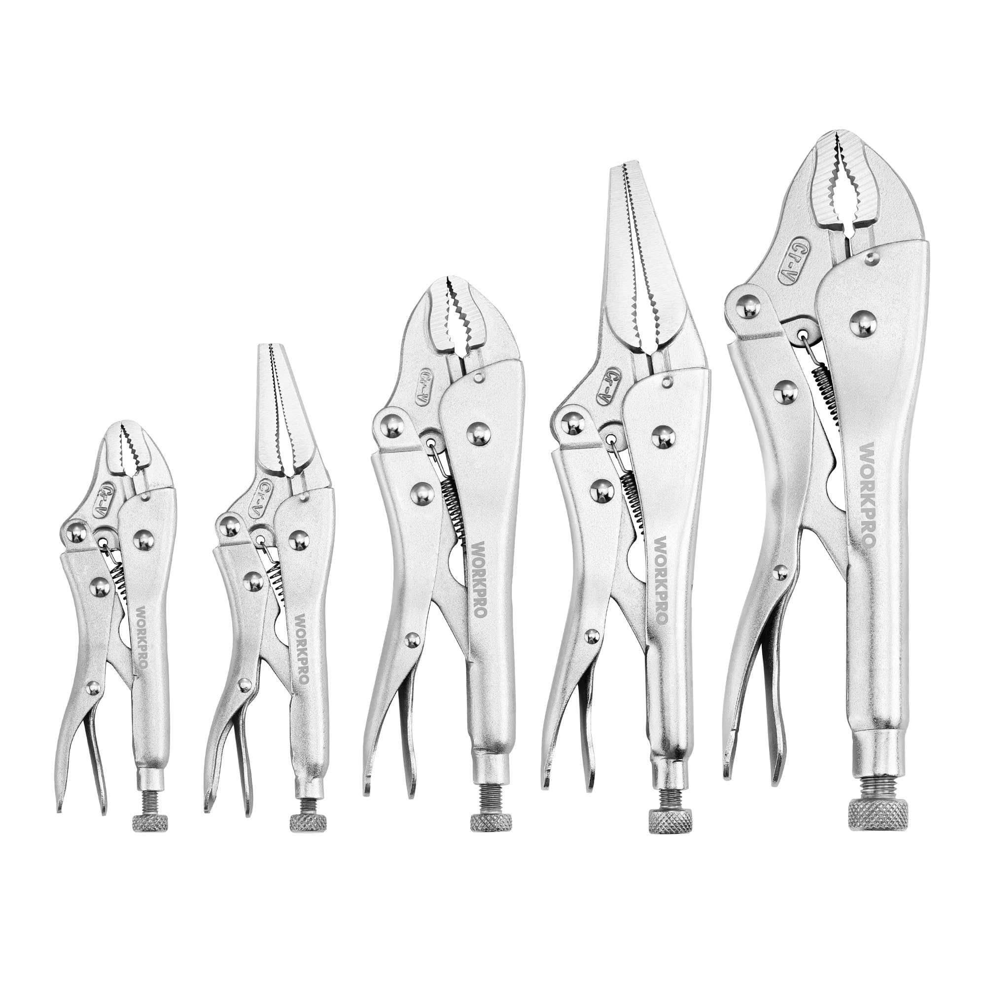 WORKPRO chrome-vanadium locking pliers, vice grips in five sizes displayed