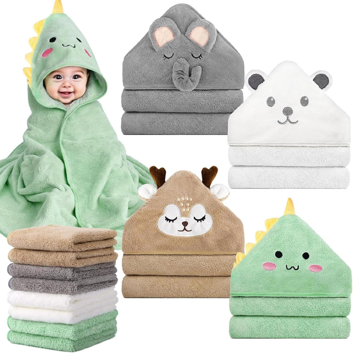 CandyHome 12 baby bath towels laid out showing soft cotton terry fabric in pastel colors