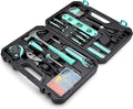 Turquoise Amazon Basics 142-piece household tool kit in open storage case showing tools