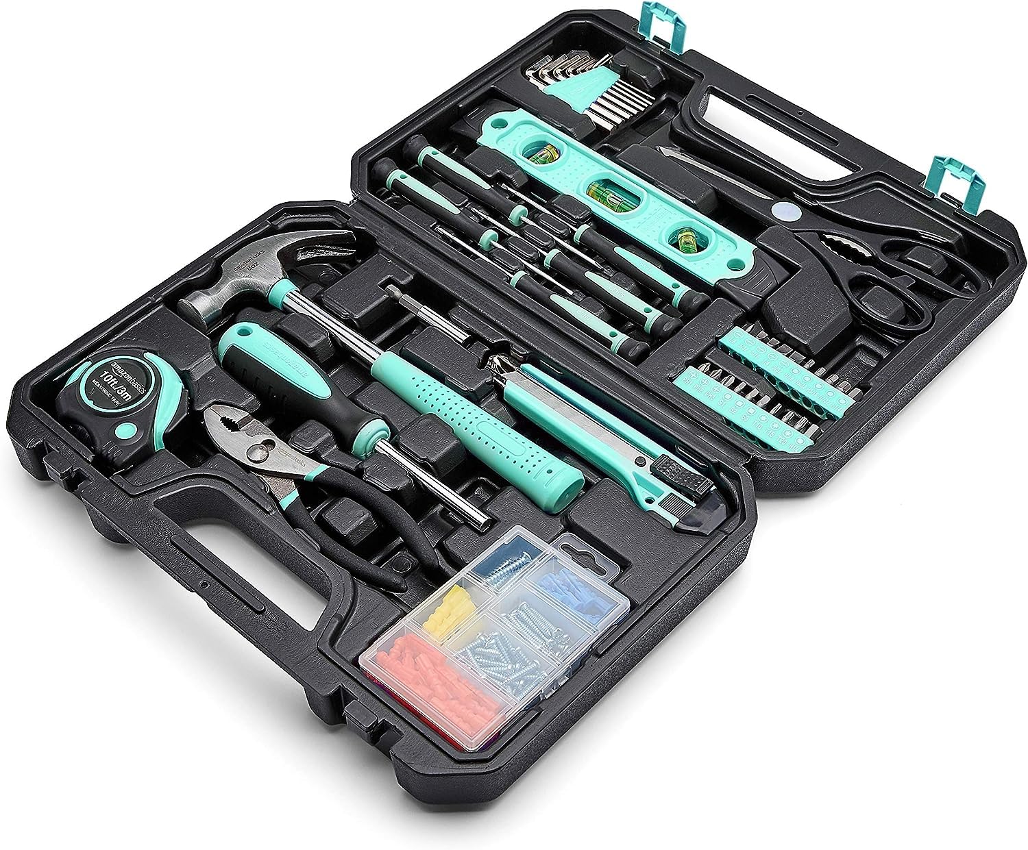Turquoise Amazon Basics 142-piece household tool kit in open storage case showing tools