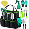 Green heavy-duty ergonomic garden tools including trowel, fork, and pruning shears