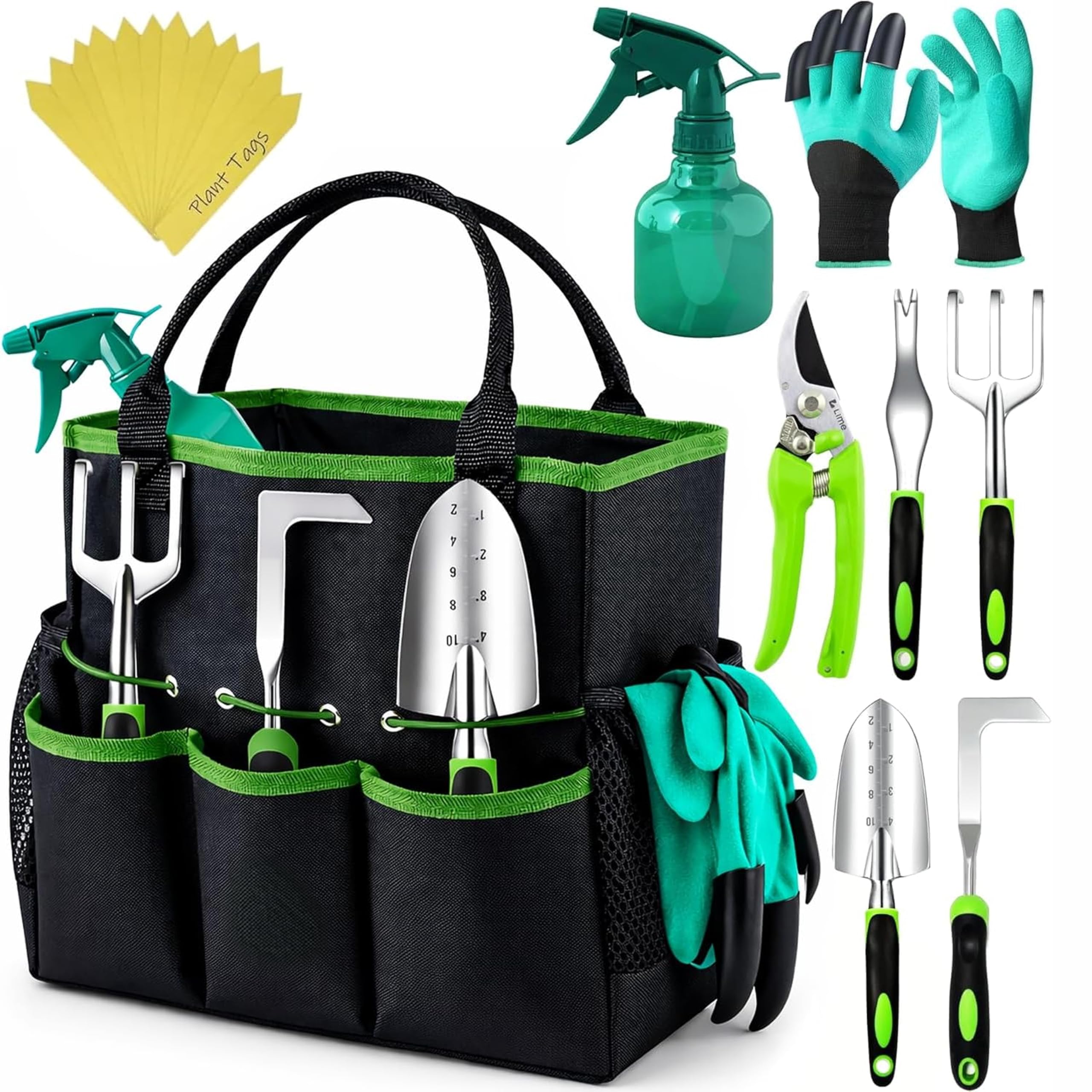 Green heavy-duty ergonomic garden tools including trowel, fork, and pruning shears