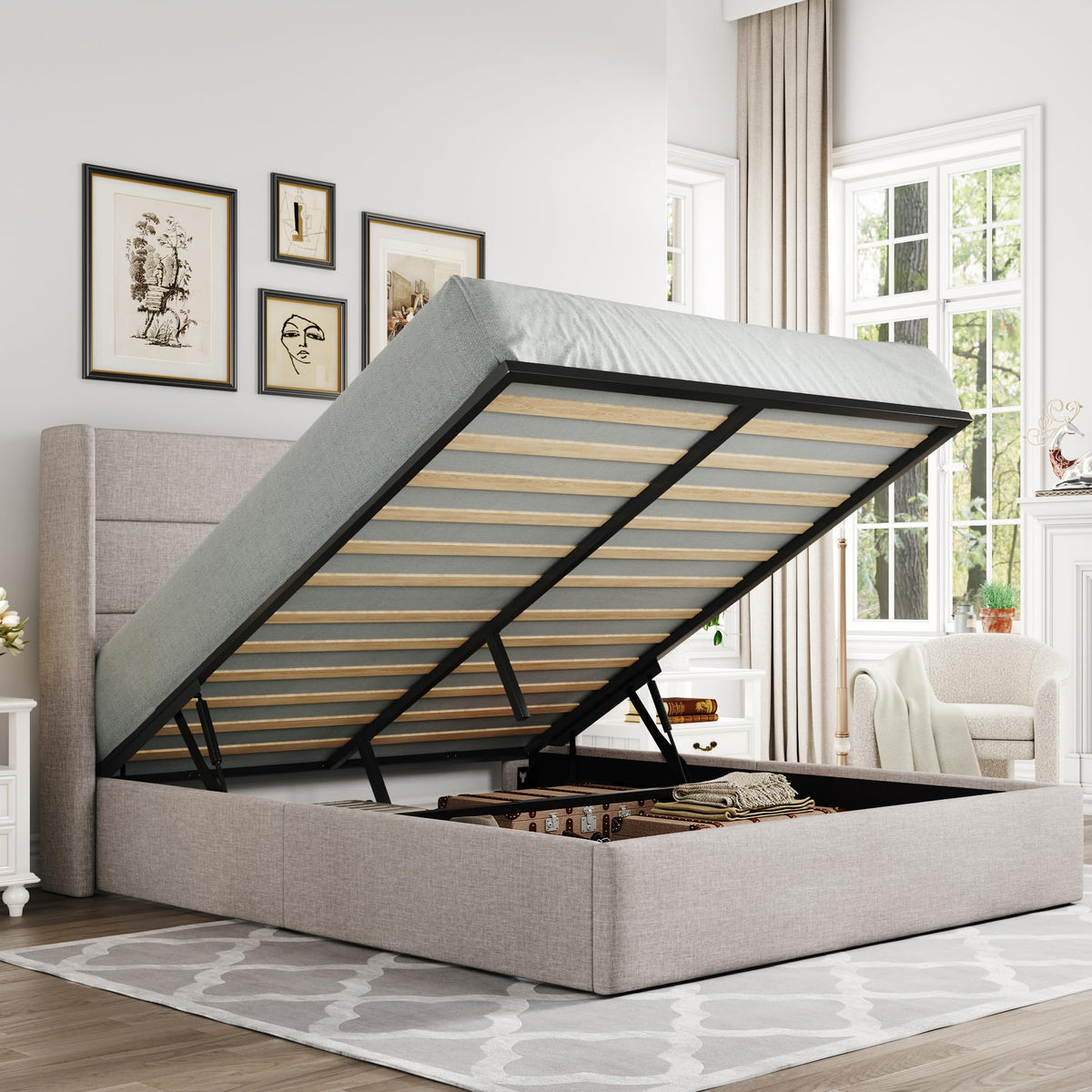Allewie queen size hydraulic lift-up storage bed frame in light beige upholstered fabric
