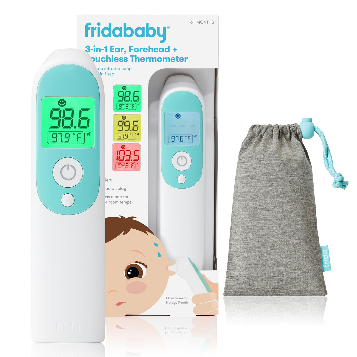 Frida 3-in-1 infrared thermometer showing digital display and ear/forehead sensor