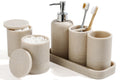 Beige 6-piece bathroom accessories: toothbrush holder, soap dispenser, tumbler, vanity tray and cotton swab jars