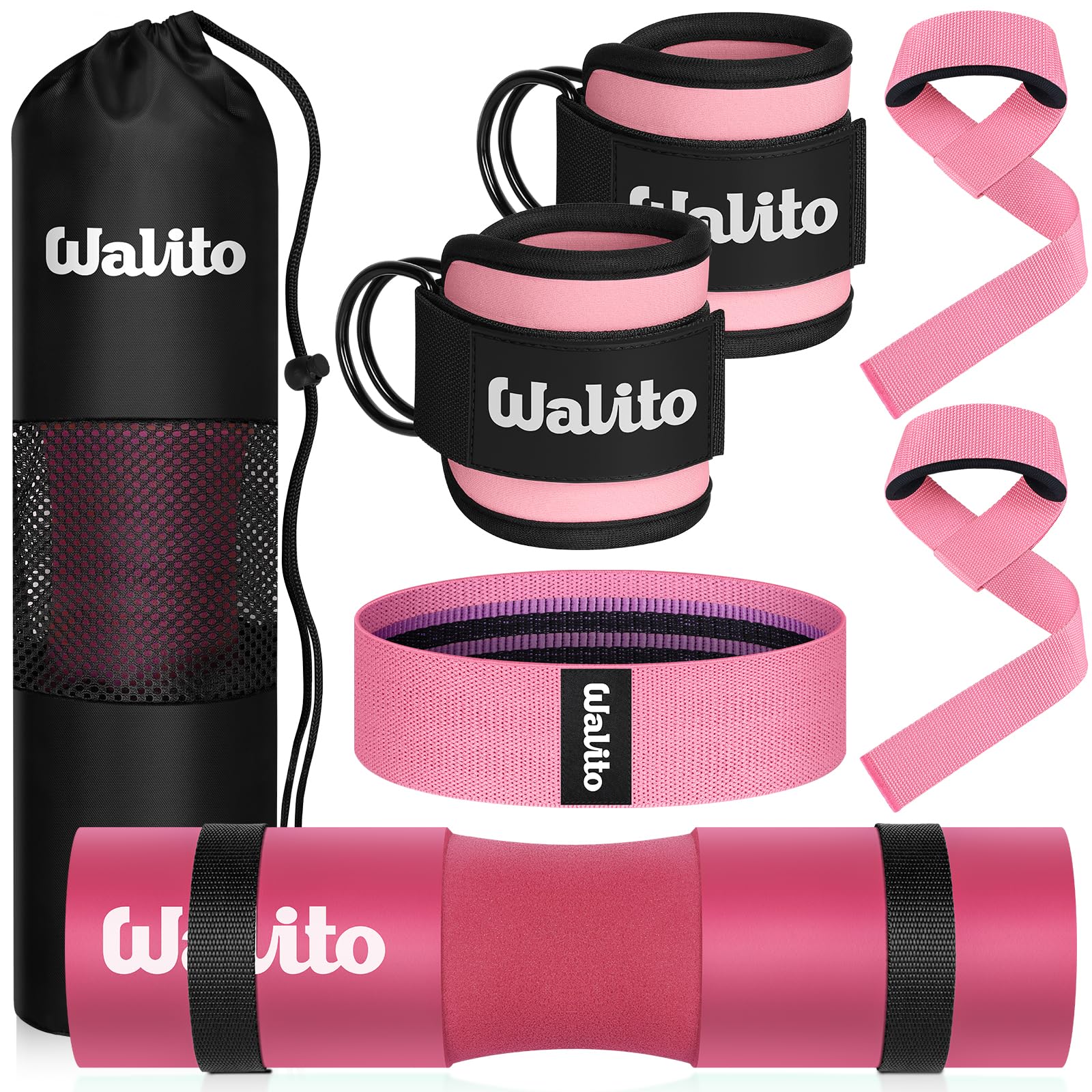Pink WALITO barbell pad on barbell with resistance bands, ankle straps and carry bag