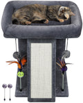 Grey TWDEPART cat tree tower with platforms, scratching post and hanging toy balls