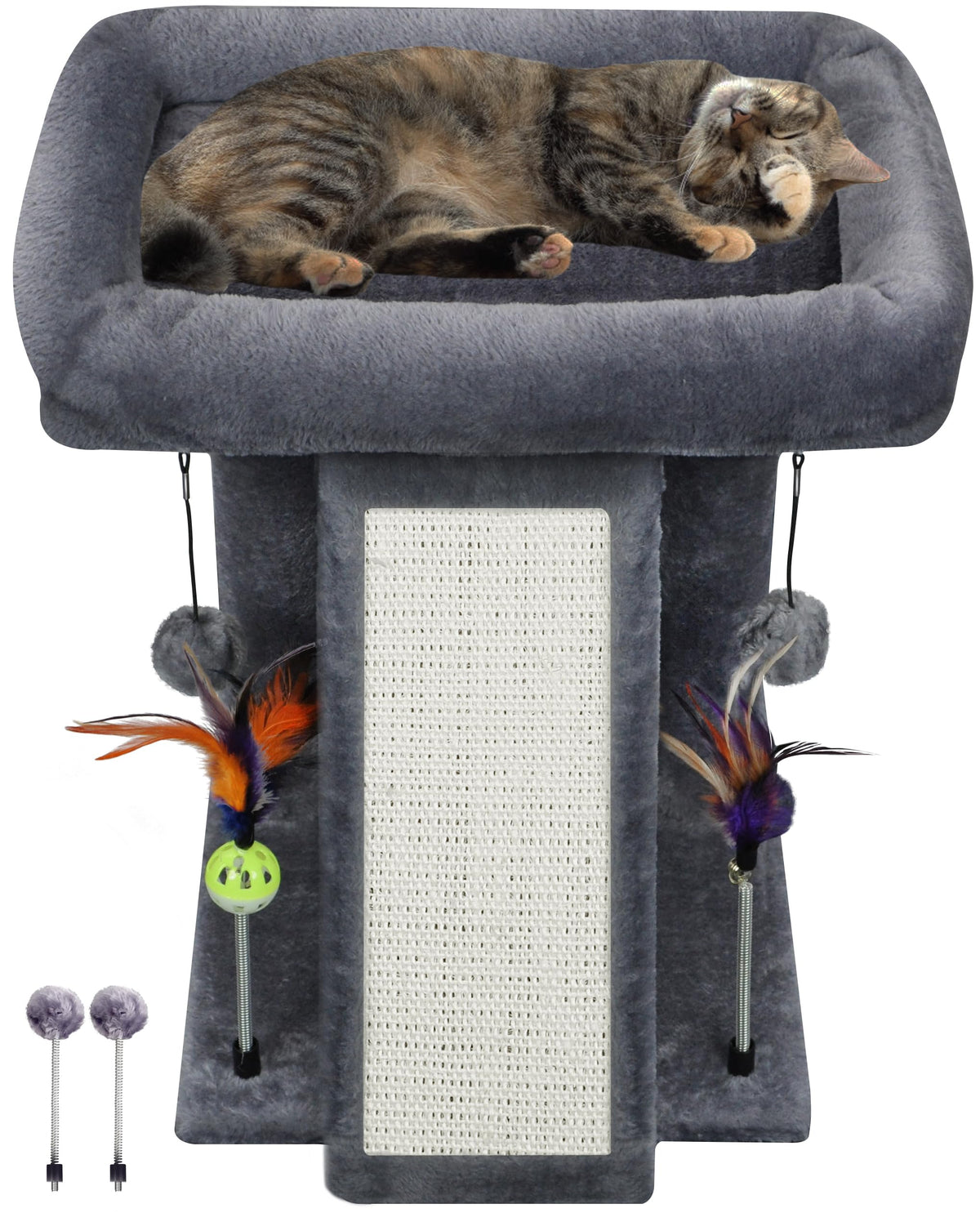 Grey TWDEPART cat tree tower with platforms, scratching post and hanging toy balls