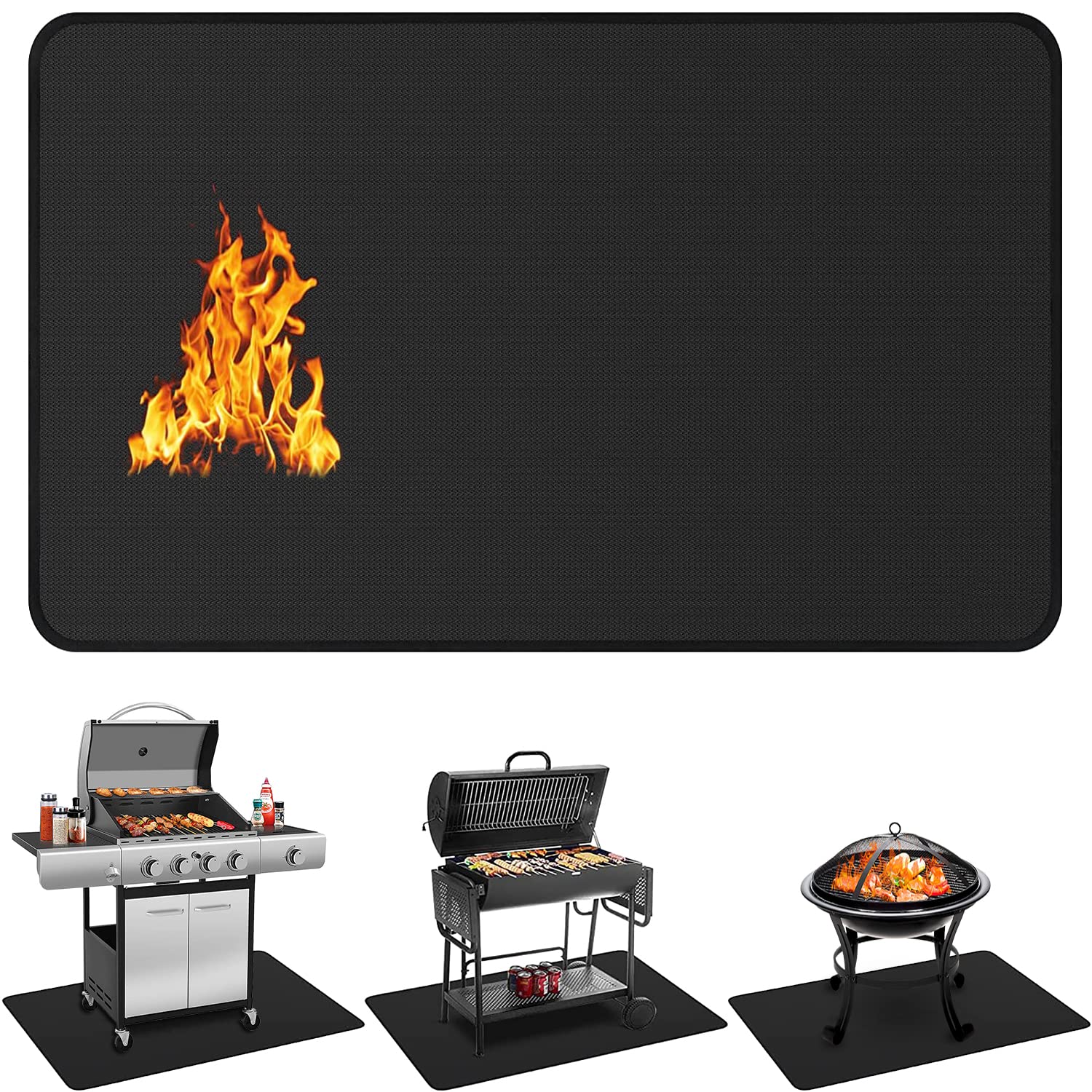 Protebox 60x40 double-sided fireproof grill mat placed beneath an outdoor grill on a patio