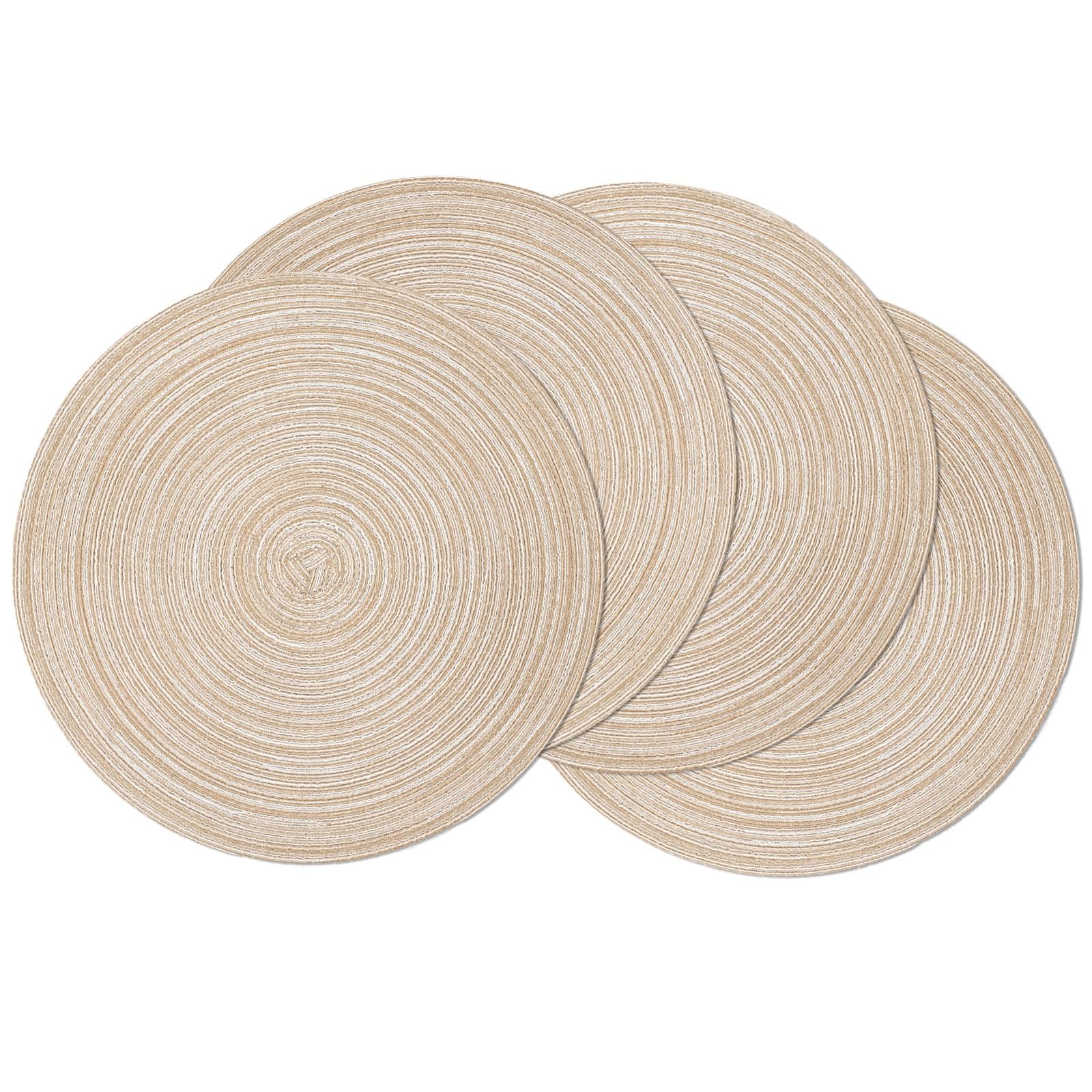 Four beige SHACOS round braided placemats 15-inch displayed on a dining table