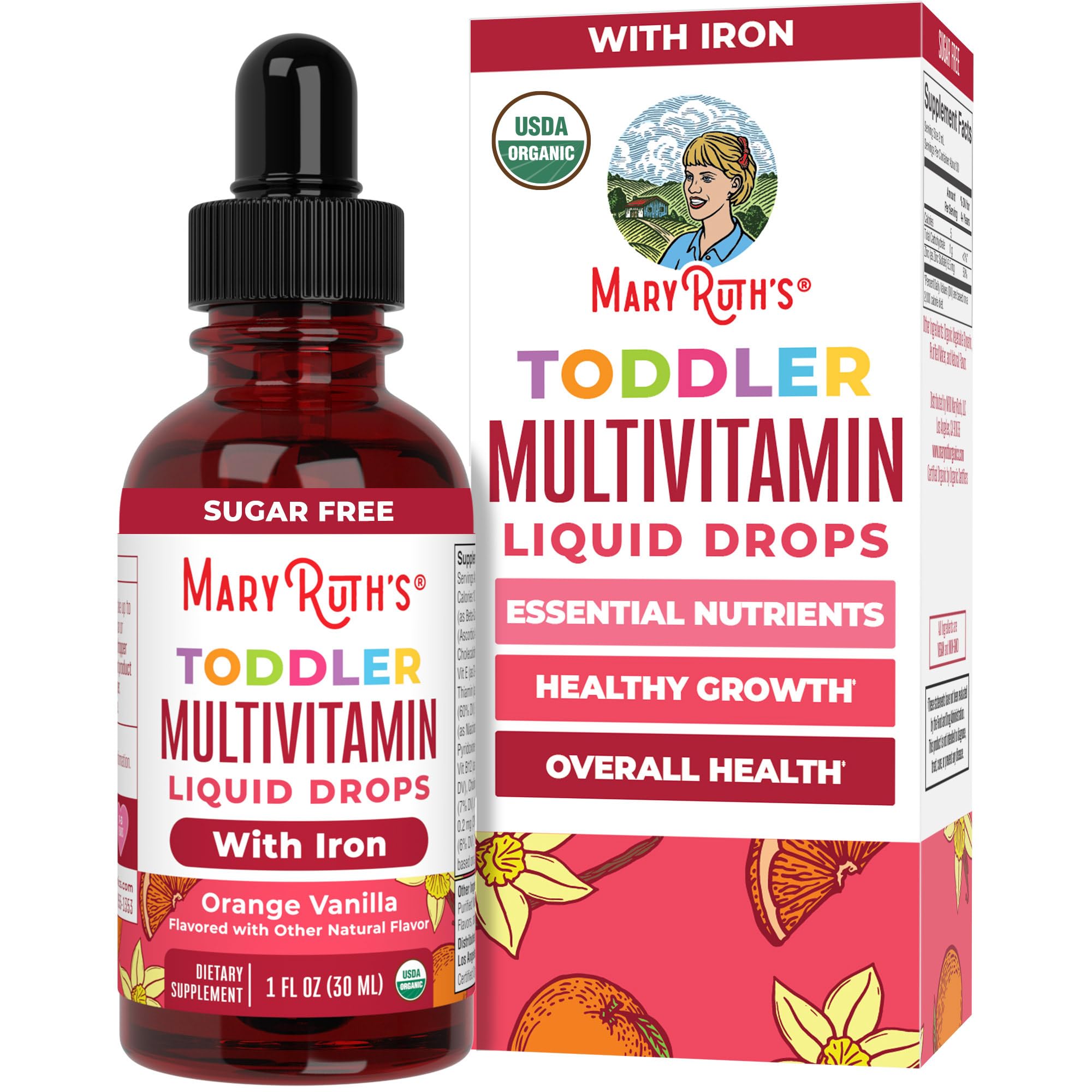 Bottle of MaryRuth's organic toddler multivitamin drops showing label and dropper