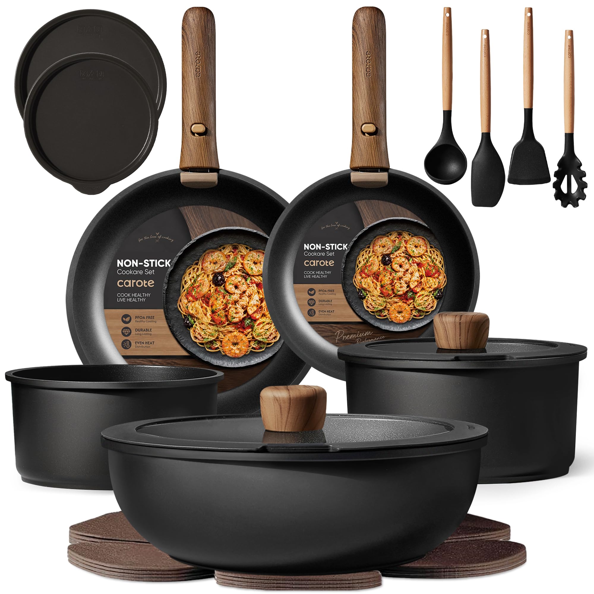 Black CAROTE nonstick pots and pans with detachable handle